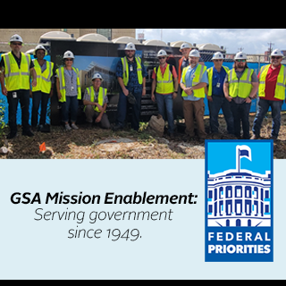GSA Transition Team San Antonio with construction hats and gsa banner